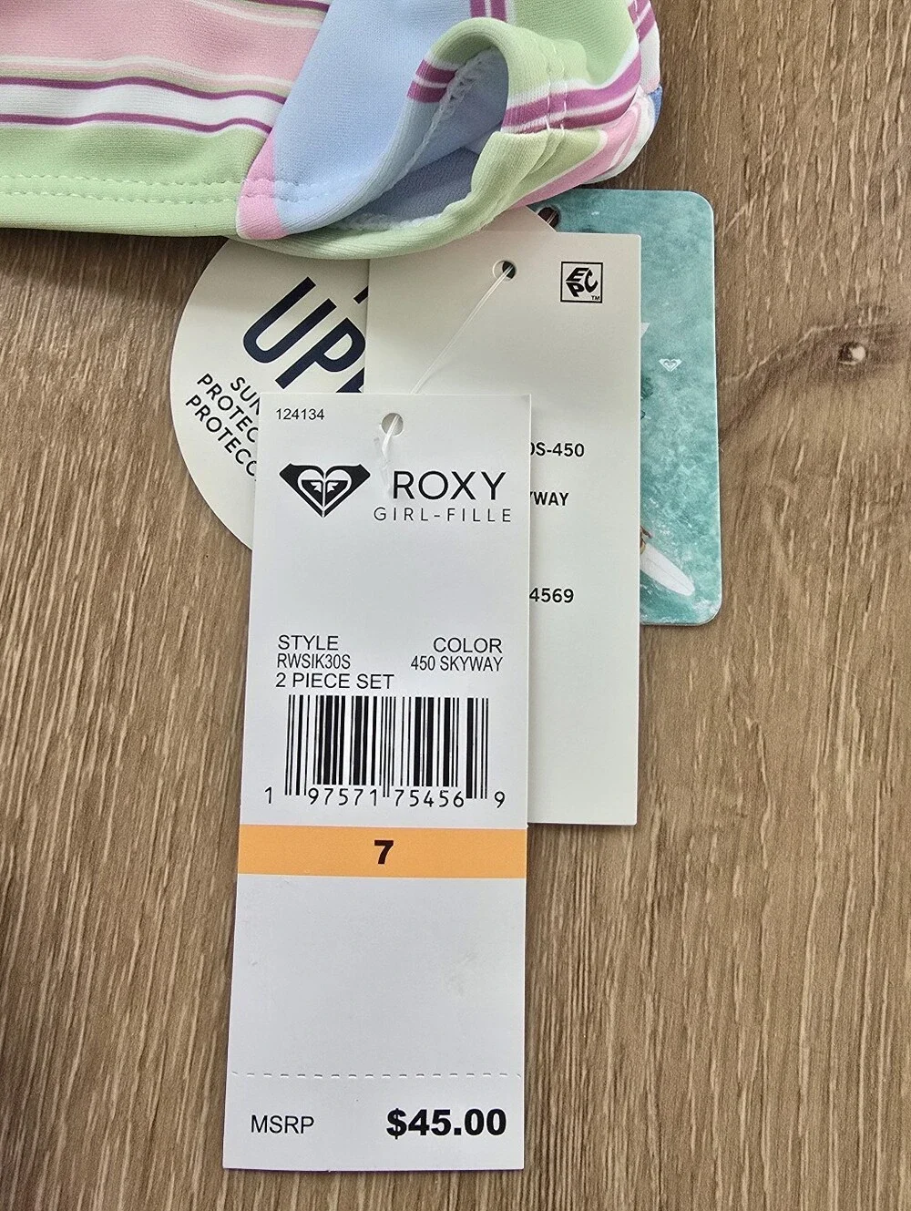 Roxy Girls 2 Piece Swimsuit Set Pastel Striped Bikini Size 7 Bikini